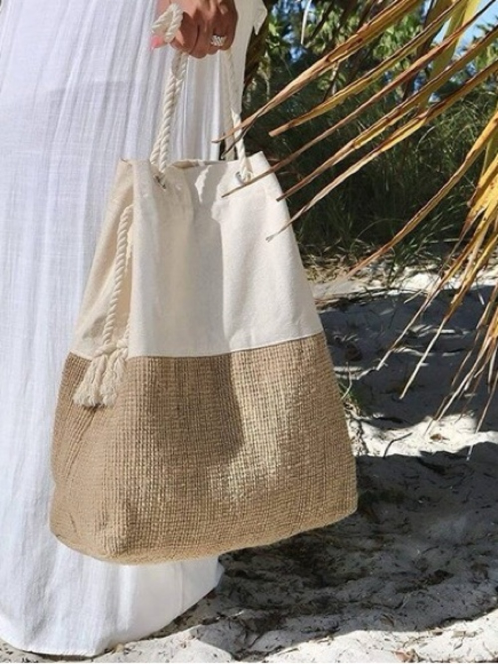 Tribeca Tribe Jute/Cotton Woven Neutral Boho Natural Beachy Drawstring Bag